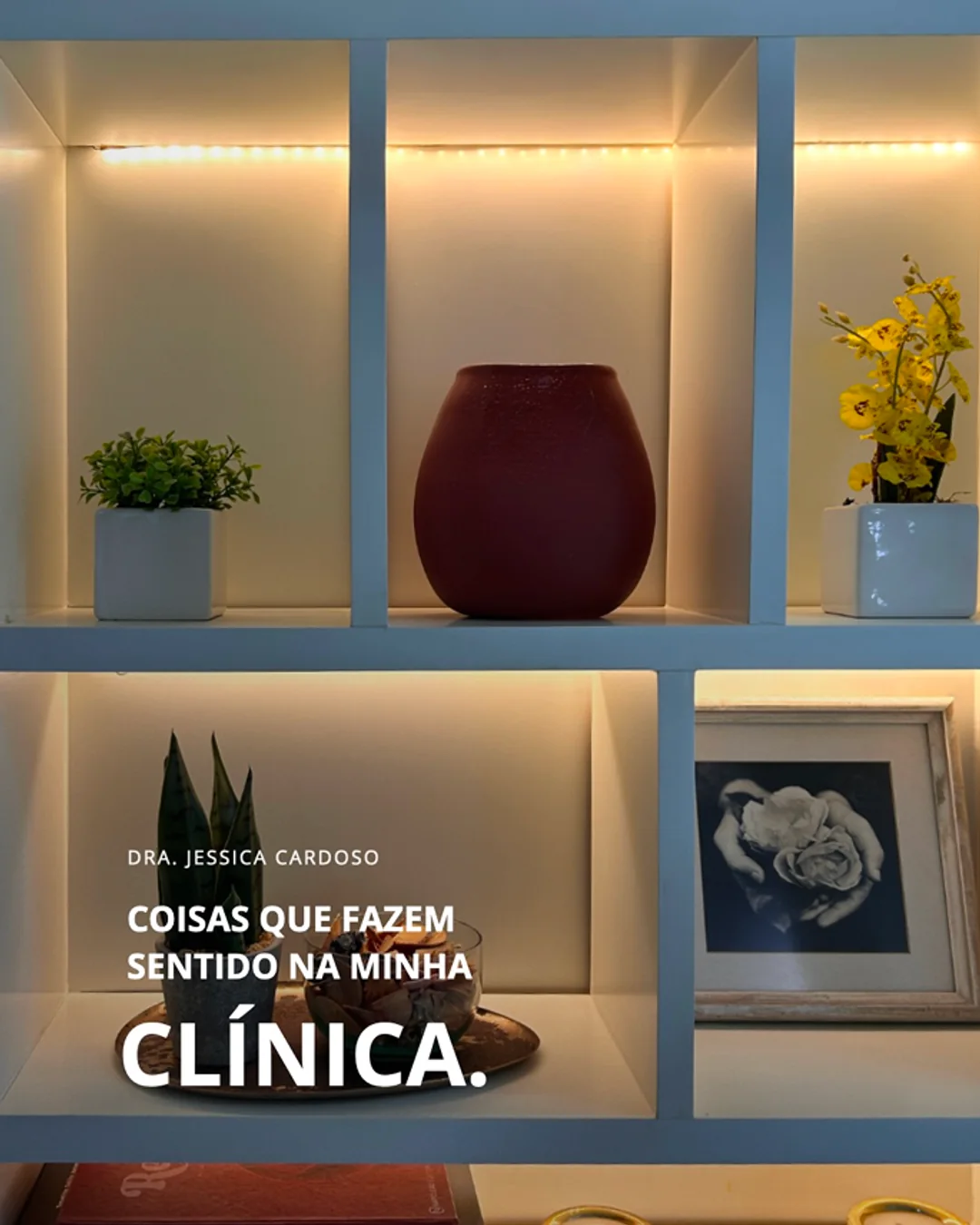 Estante do consultório com a frase “Coisas que fazem sentido na minha clínica”